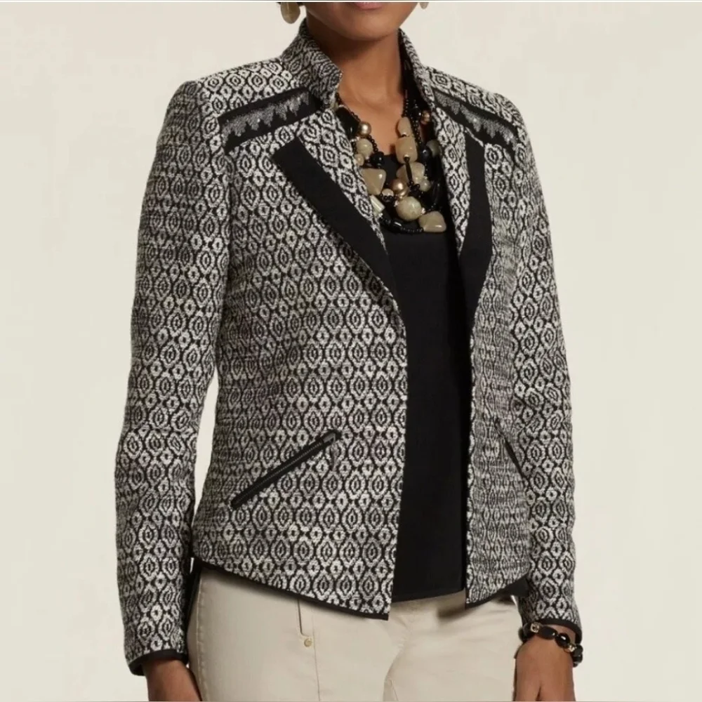 Chico’s Diamond Jacquard Moto Jacket Black/White - Women's Size 1 Medium NWT - Picture 2 of 13